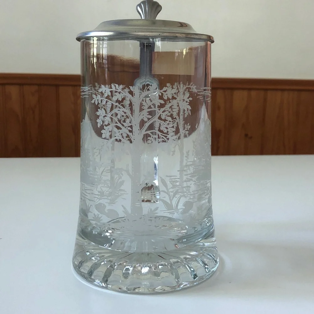 Vintage West Germany Etched Glass Beer Stein Pewter Lid Fishing Scene